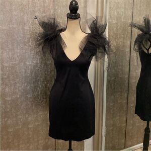 CamilynBeth Elegant Black Mini Dress with Tulle shoulder Accents, US2